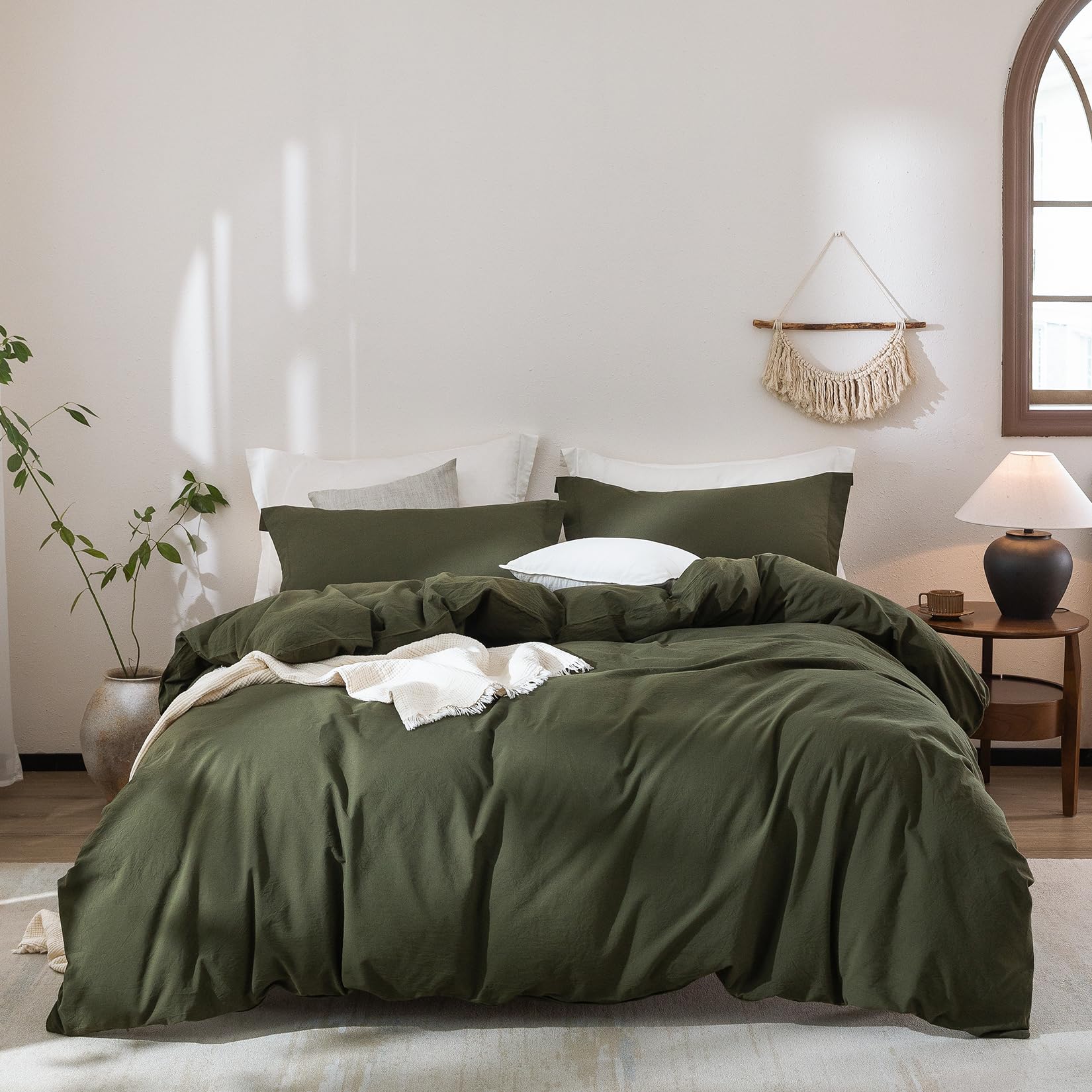 Warm Moment Olive Green Duvet Cover California King Size, 100% Washed Cotton Bedding Set Cover 1 Duvet Cover 104Inch X 98Inch Wi